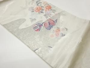 プラチナ箔山並に流水・鴛鴦・花々模様織出し名古屋帯